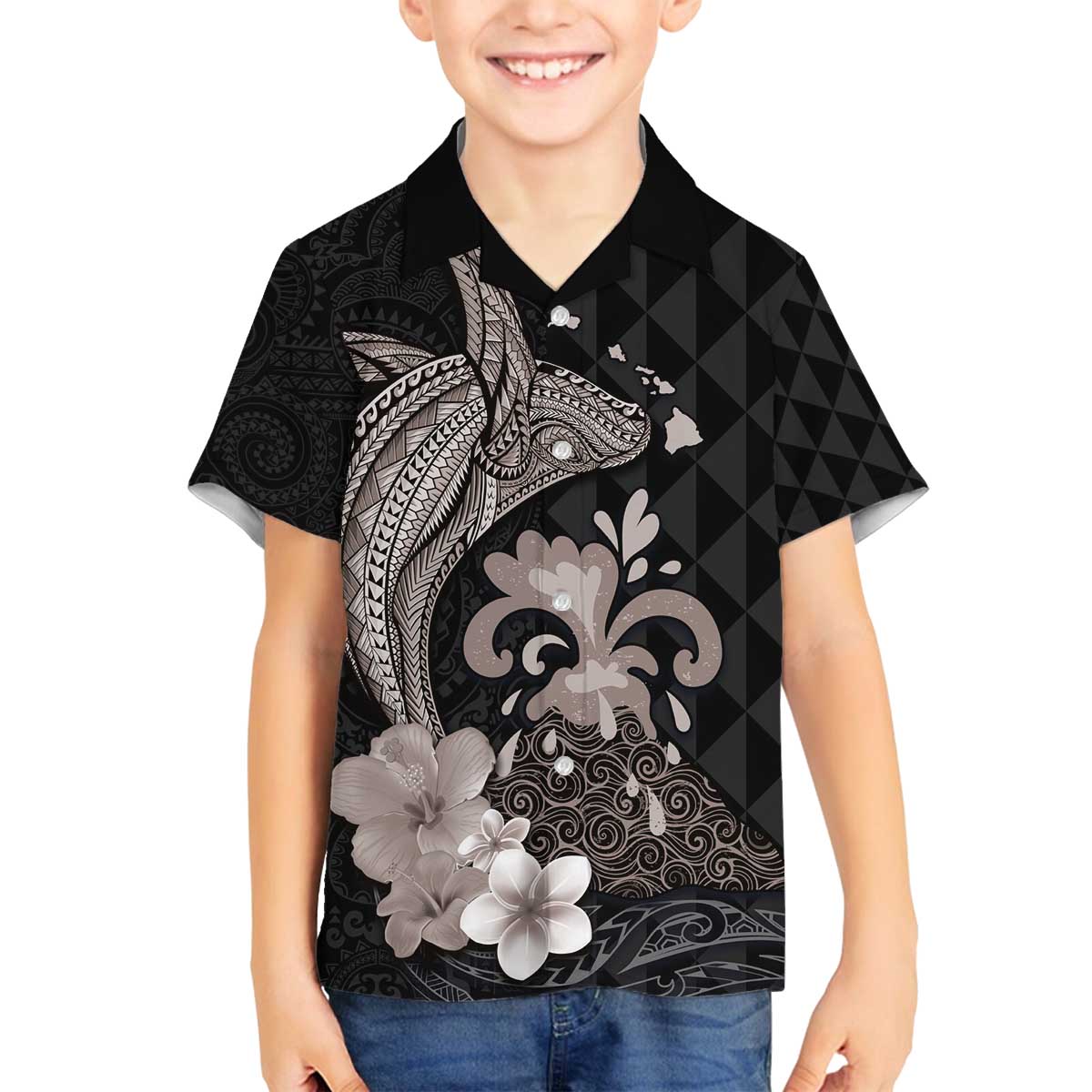 Hawaiian Whale and Volcanic Eruption Family Matching Puletasi and Hawaiian Shirt Hibiscus and Kakau Pattern Grayscale Color LT03 Son's Shirt Black - Polynesian Pride