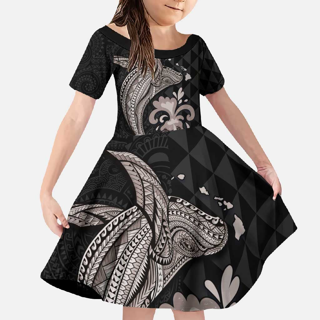 Hawaiian Whale and Volcanic Eruption Family Matching Short Sleeve Bodycon Dress and Hawaiian Shirt Hibiscus and Kakau Pattern Grayscale Color LT03 Daughter's Dress Black - Polynesian Pride