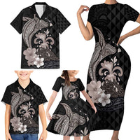 Hawaiian Whale and Volcanic Eruption Family Matching Short Sleeve Bodycon Dress and Hawaiian Shirt Hibiscus and Kakau Pattern Grayscale Color LT03 - Polynesian Pride