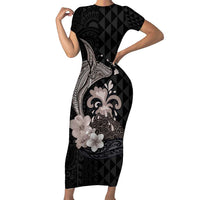 Hawaiian Whale and Volcanic Eruption Family Matching Short Sleeve Bodycon Dress and Hawaiian Shirt Hibiscus and Kakau Pattern Grayscale Color LT03 Mom's Dress Black - Polynesian Pride
