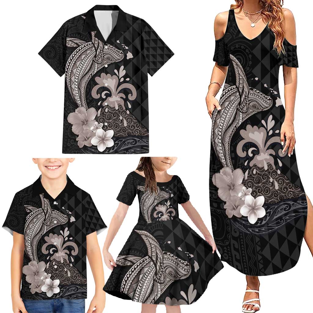 Hawaiian Whale and Volcanic Eruption Family Matching Summer Maxi Dress and Hawaiian Shirt Hibiscus and Kakau Pattern Grayscale Color LT03 - Polynesian Pride
