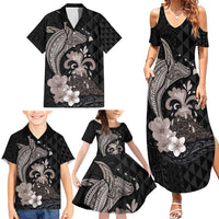 Hawaiian Whale and Volcanic Eruption Family Matching Summer Maxi Dress and Hawaiian Shirt Hibiscus and Kakau Pattern Grayscale Color LT03 - Polynesian Pride