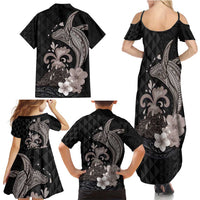 Hawaiian Whale and Volcanic Eruption Family Matching Summer Maxi Dress and Hawaiian Shirt Hibiscus and Kakau Pattern Grayscale Color LT03 - Polynesian Pride