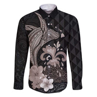 Hawaiian Whale and Volcanic Eruption Family Matching Summer Maxi Dress and Hawaiian Shirt Hibiscus and Kakau Pattern Grayscale Color LT03 Dad's Shirt - Long Sleeve Black - Polynesian Pride