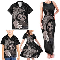 Hawaiian Whale and Volcanic Eruption Family Matching Tank Maxi Dress and Hawaiian Shirt Hibiscus and Kakau Pattern Grayscale Color LT03 - Polynesian Pride
