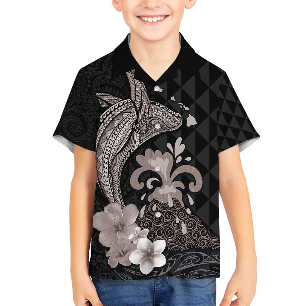 Hawaiian Whale and Volcanic Eruption Family Matching Tank Maxi Dress and Hawaiian Shirt Hibiscus and Kakau Pattern Grayscale Color LT03 Son's Shirt Black - Polynesian Pride