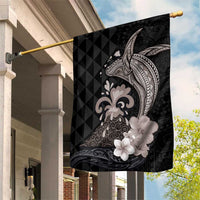 Hawaiian Whale and Volcanic Eruption Garden Flag Hibiscus and Kakau Pattern Grayscale Color LT03 House Flag Black - Polynesian Pride
