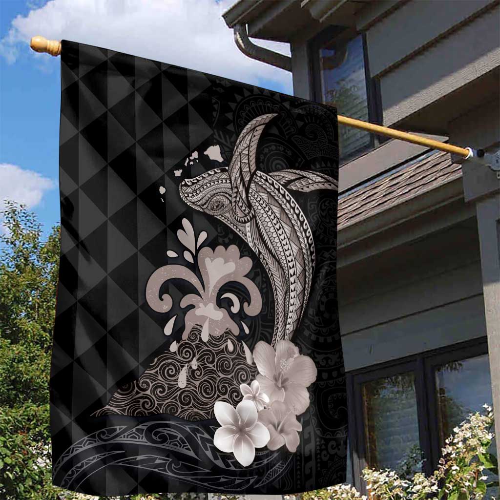 Hawaiian Whale and Volcanic Eruption Garden Flag Hibiscus and Kakau Pattern Grayscale Color LT03 - Polynesian Pride