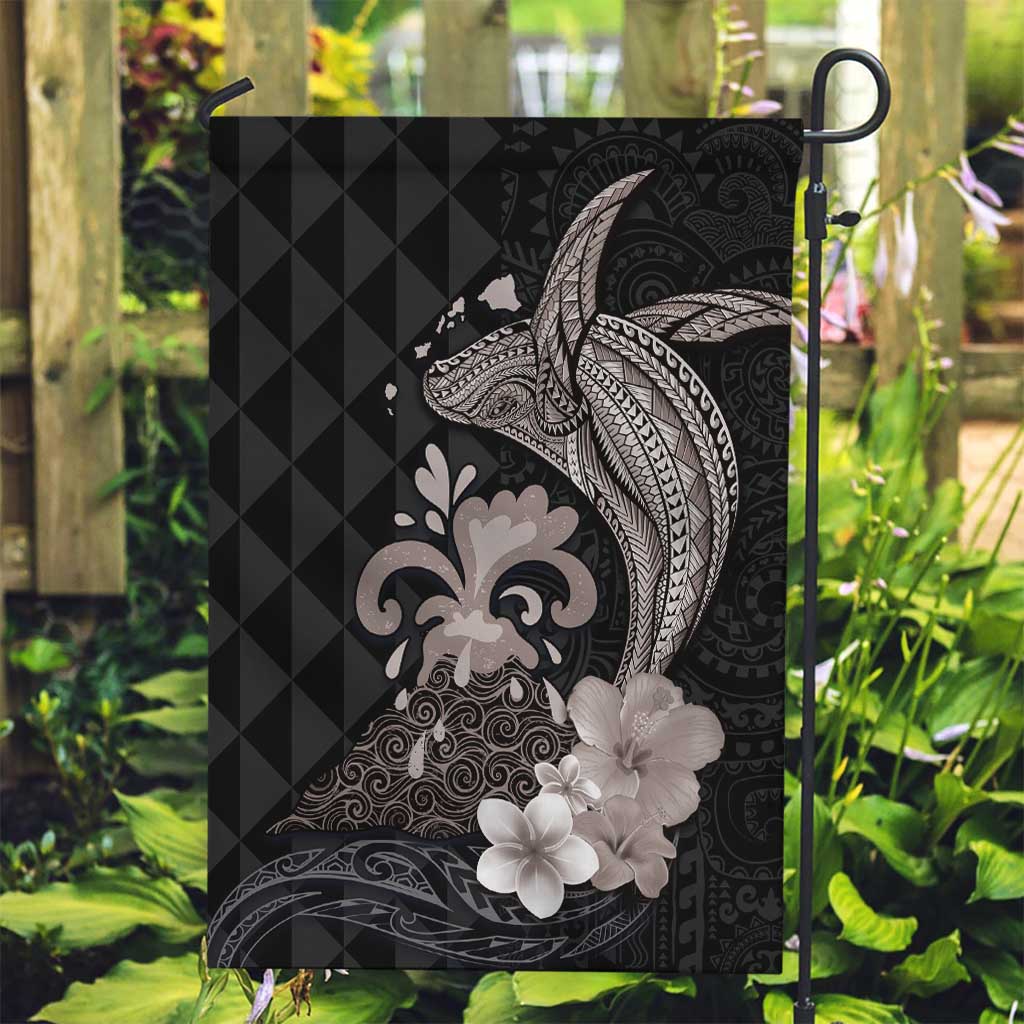 Hawaiian Whale and Volcanic Eruption Garden Flag Hibiscus and Kakau Pattern Grayscale Color LT03 Garden Flag Black - Polynesian Pride
