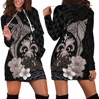Hawaiian Whale and Volcanic Eruption Hoodie Dress Hibiscus and Kakau Pattern Grayscale Color LT03 - Polynesian Pride