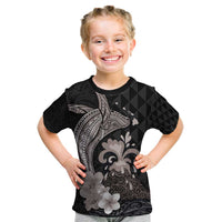 Hawaiian Whale and Volcanic Eruption Kid T Shirt Hibiscus and Kakau Pattern Grayscale Color LT03 Black - Polynesian Pride