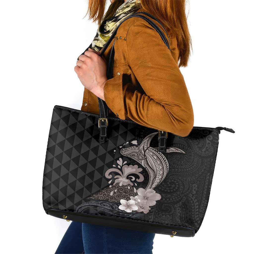 Hawaiian Whale and Volcanic Eruption Leather Tote Bag Hibiscus and Kakau Pattern Grayscale Color LT03 Black - Polynesian Pride