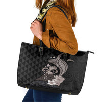 Hawaiian Whale and Volcanic Eruption Leather Tote Bag Hibiscus and Kakau Pattern Grayscale Color LT03 Black - Polynesian Pride