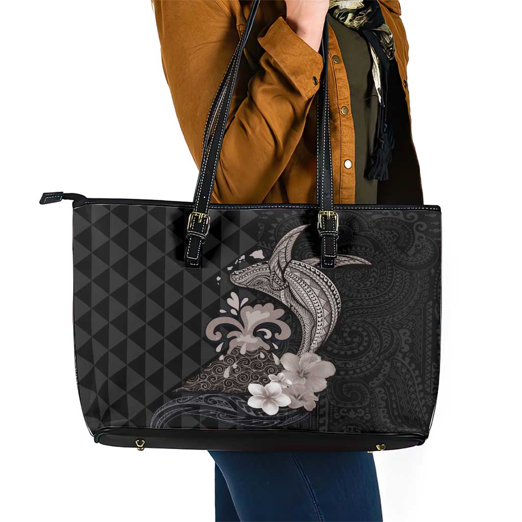 Hawaiian Whale and Volcanic Eruption Leather Tote Bag Hibiscus and Kakau Pattern Grayscale Color LT03 - Polynesian Pride