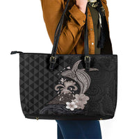Hawaiian Whale and Volcanic Eruption Leather Tote Bag Hibiscus and Kakau Pattern Grayscale Color LT03 - Polynesian Pride