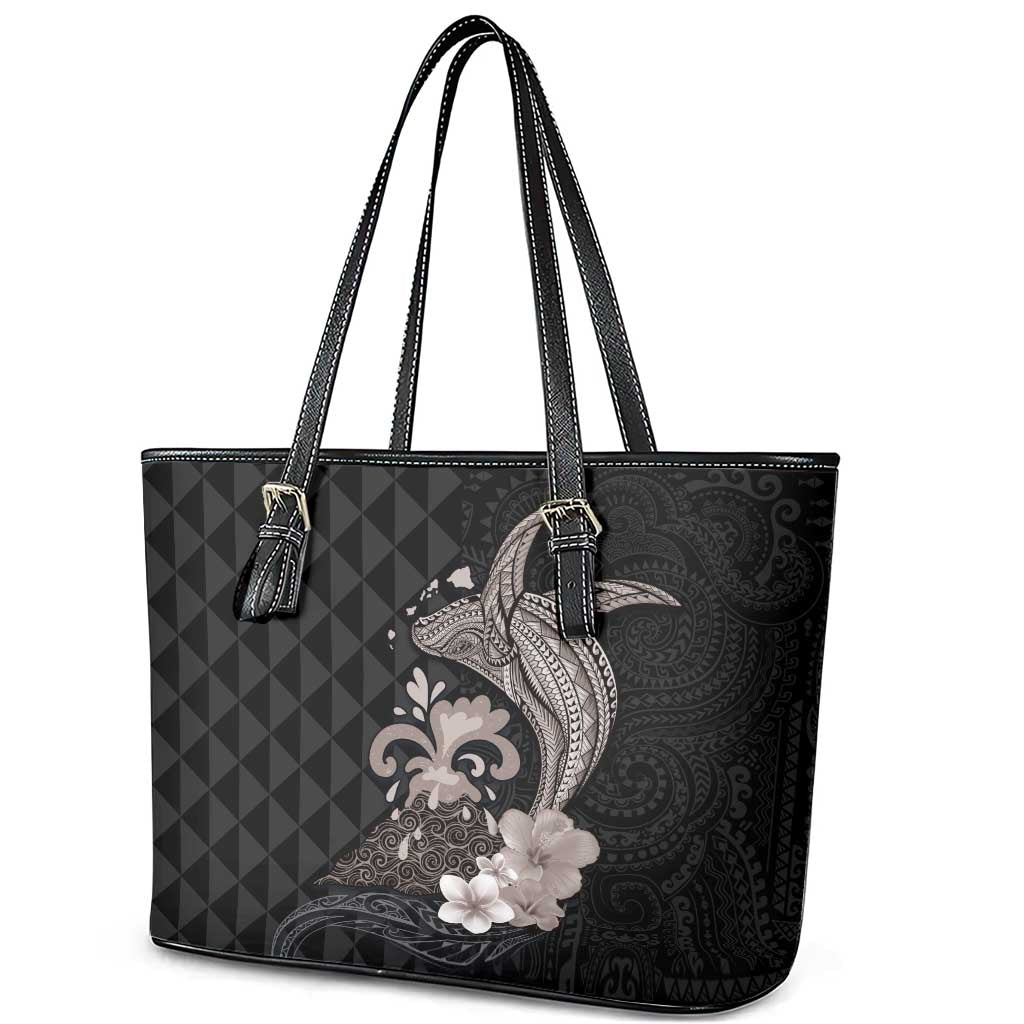 Hawaiian Whale and Volcanic Eruption Leather Tote Bag Hibiscus and Kakau Pattern Grayscale Color LT03 - Polynesian Pride