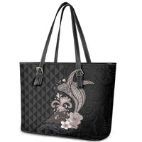 Hawaiian Whale and Volcanic Eruption Leather Tote Bag Hibiscus and Kakau Pattern Grayscale Color LT03 - Polynesian Pride