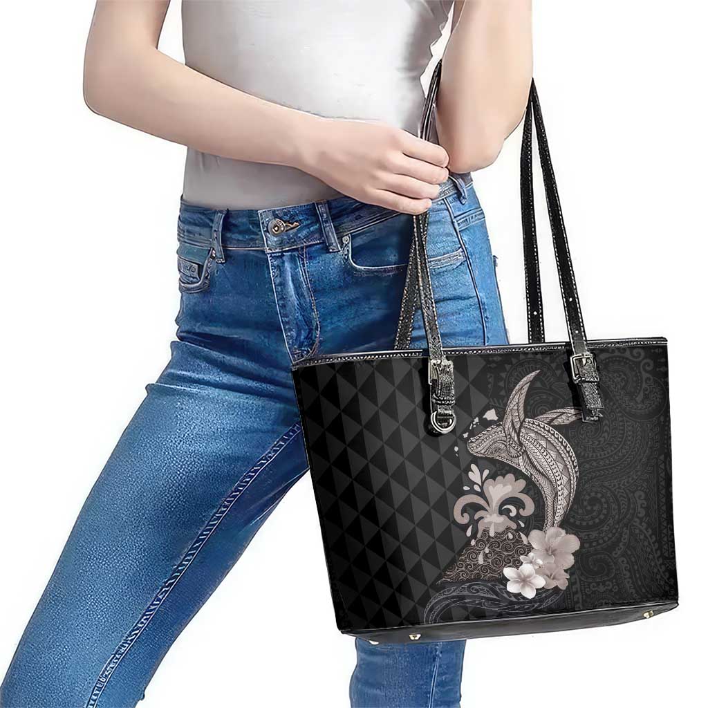 Hawaiian Whale and Volcanic Eruption Leather Tote Bag Hibiscus and Kakau Pattern Grayscale Color LT03 - Polynesian Pride