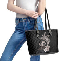 Hawaiian Whale and Volcanic Eruption Leather Tote Bag Hibiscus and Kakau Pattern Grayscale Color LT03 - Polynesian Pride
