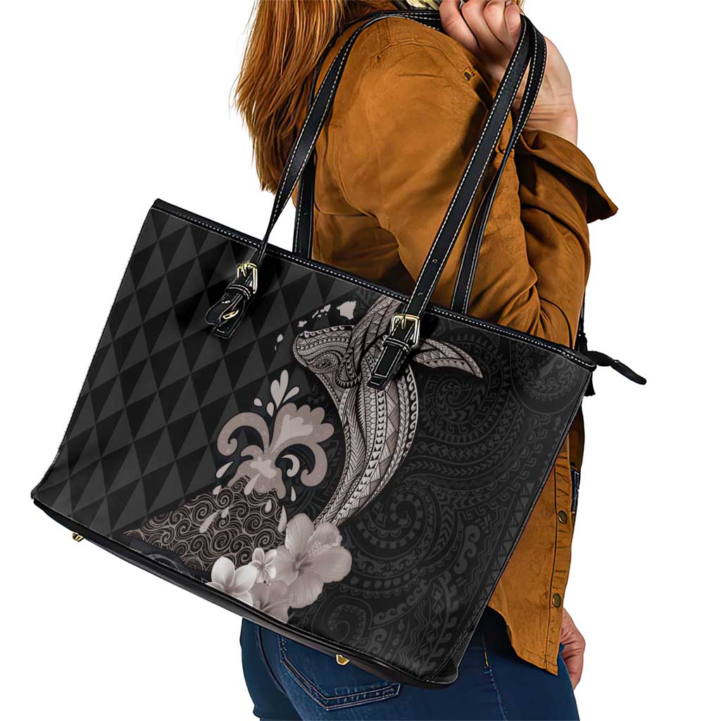 Hawaiian Whale and Volcanic Eruption Leather Tote Bag Hibiscus and Kakau Pattern Grayscale Color LT03 - Polynesian Pride