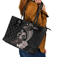 Hawaiian Whale and Volcanic Eruption Leather Tote Bag Hibiscus and Kakau Pattern Grayscale Color LT03 - Polynesian Pride