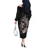 Hawaiian Whale and Volcanic Eruption Off The Shoulder Long Sleeve Dress Hibiscus and Kakau Pattern Grayscale Color LT03 - Polynesian Pride