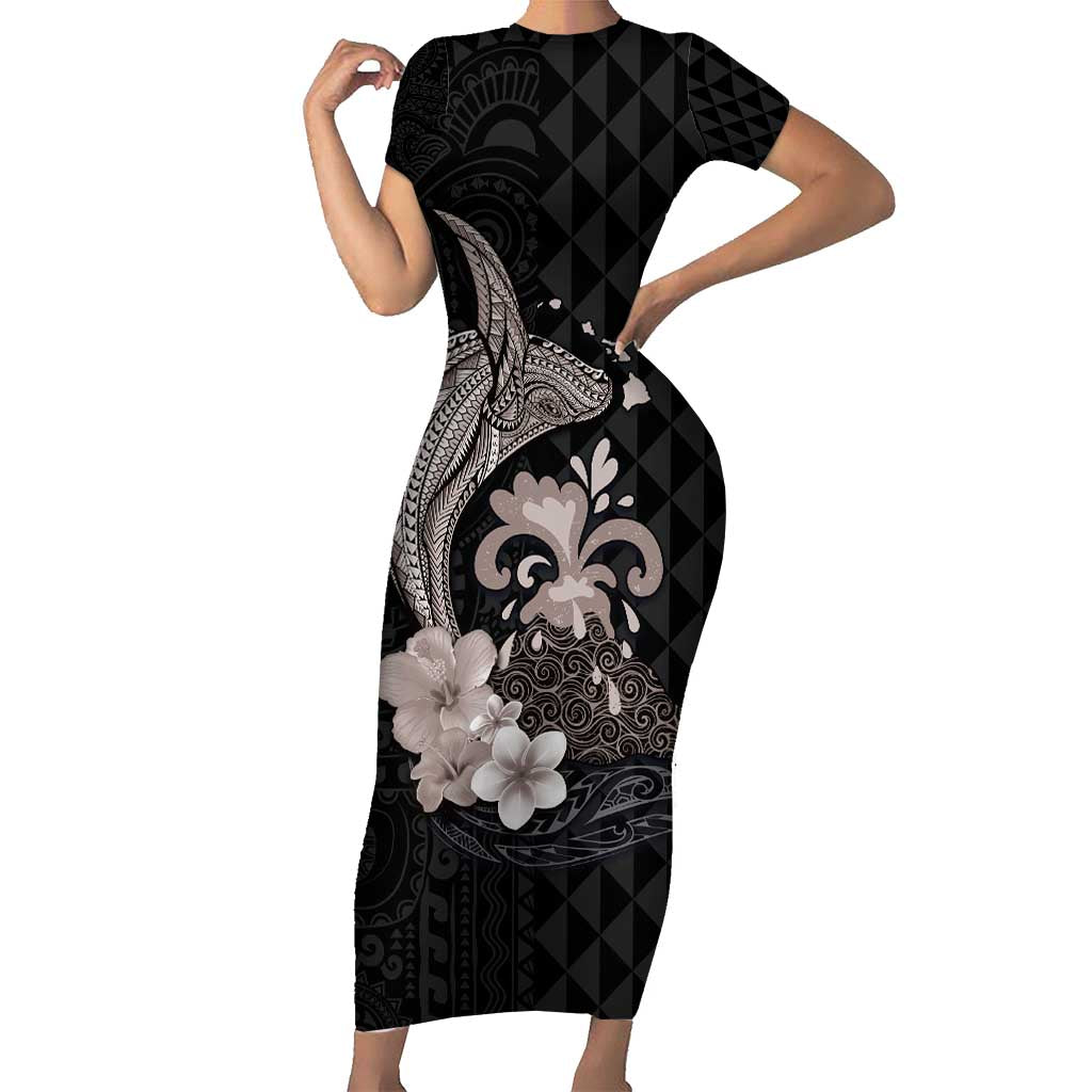 Hawaiian Whale and Volcanic Eruption Short Sleeve Bodycon Dress Hibiscus and Kakau Pattern Grayscale Color LT03 Long Dress Black - Polynesian Pride