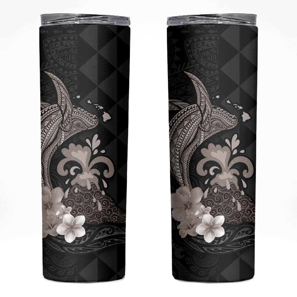 Hawaiian Whale and Volcanic Eruption Skinny Tumbler Hibiscus and Kakau Pattern Grayscale Color LT03 Black - Polynesian Pride