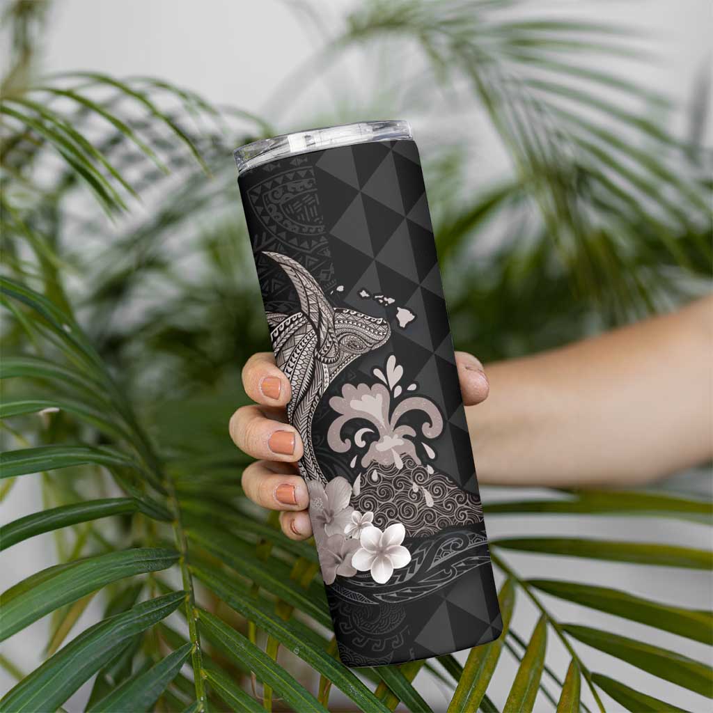 Hawaiian Whale and Volcanic Eruption Skinny Tumbler Hibiscus and Kakau Pattern Grayscale Color LT03 - Polynesian Pride