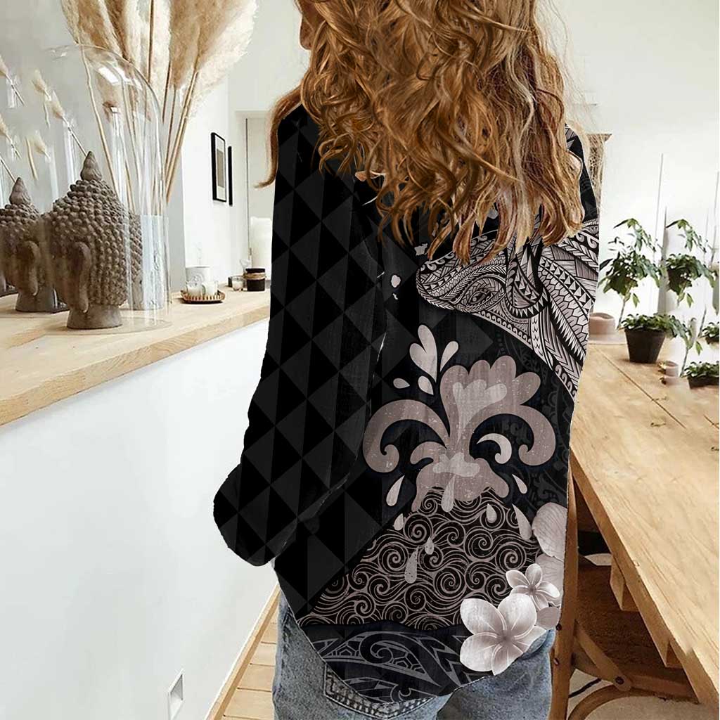 Hawaiian Whale and Volcanic Eruption Women Casual Shirt Hibiscus and Kakau Pattern Grayscale Color LT03 - Polynesian Pride