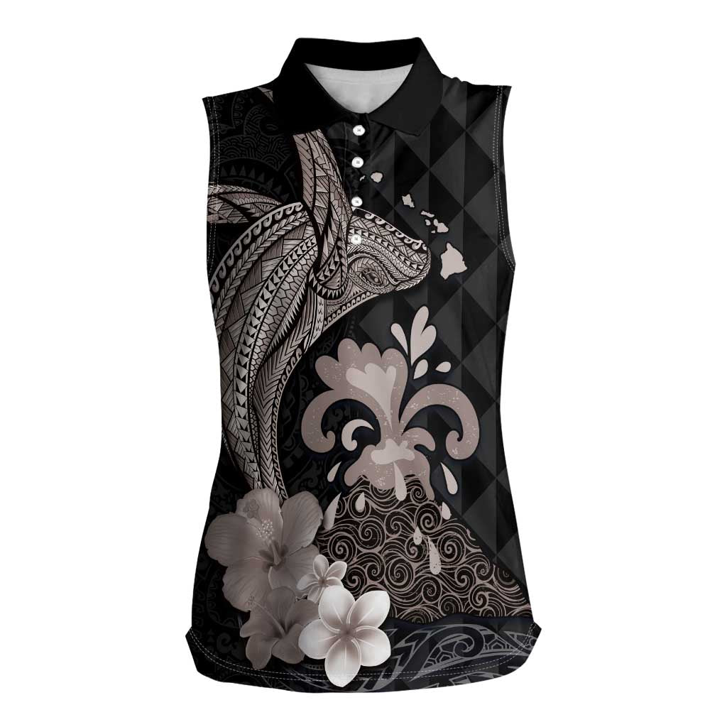 Hawaiian Whale and Volcanic Eruption Women Sleeveless Polo Shirt Hibiscus and Kakau Pattern Grayscale Color LT03 Female Black - Polynesian Pride