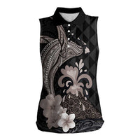 Hawaiian Whale and Volcanic Eruption Women Sleeveless Polo Shirt Hibiscus and Kakau Pattern Grayscale Color LT03 Female Black - Polynesian Pride