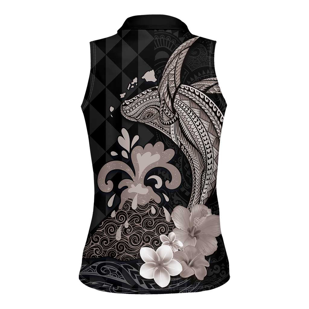 Hawaiian Whale and Volcanic Eruption Women Sleeveless Polo Shirt Hibiscus and Kakau Pattern Grayscale Color LT03 - Polynesian Pride