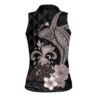Hawaiian Whale and Volcanic Eruption Women Sleeveless Polo Shirt Hibiscus and Kakau Pattern Grayscale Color LT03 - Polynesian Pride