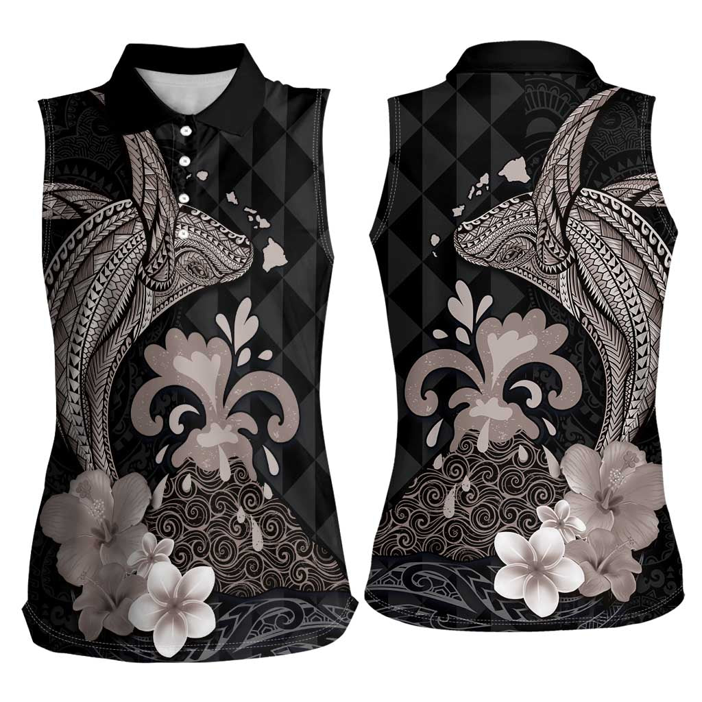 Hawaiian Whale and Volcanic Eruption Women Sleeveless Polo Shirt Hibiscus and Kakau Pattern Grayscale Color LT03 - Polynesian Pride