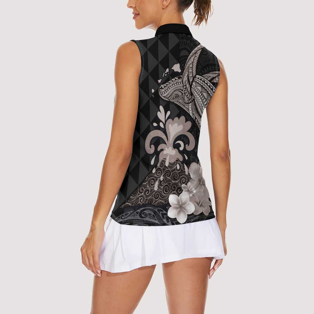 Hawaiian Whale and Volcanic Eruption Women Sleeveless Polo Shirt Hibiscus and Kakau Pattern Grayscale Color LT03 - Polynesian Pride