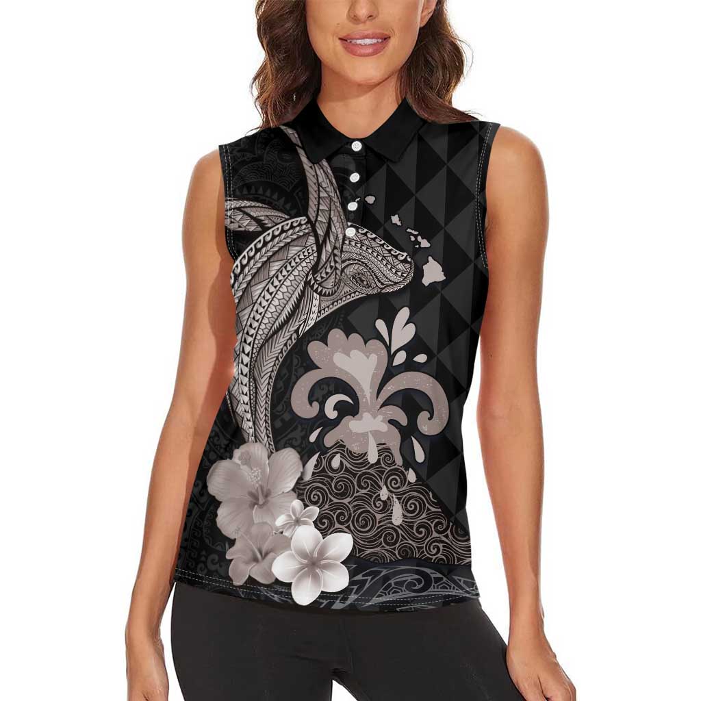 Hawaiian Whale and Volcanic Eruption Women Sleeveless Polo Shirt Hibiscus and Kakau Pattern Grayscale Color LT03 - Polynesian Pride