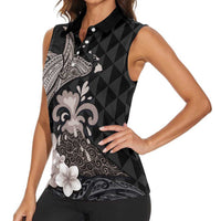 Hawaiian Whale and Volcanic Eruption Women Sleeveless Polo Shirt Hibiscus and Kakau Pattern Grayscale Color LT03 - Polynesian Pride