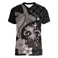 Hawaiian Whale and Volcanic Eruption Women V-Neck T-Shirt Hibiscus and Kakau Pattern Grayscale Color LT03 Female Black - Polynesian Pride
