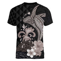 Hawaiian Whale and Volcanic Eruption Women V-Neck T-Shirt Hibiscus and Kakau Pattern Grayscale Color LT03 - Polynesian Pride