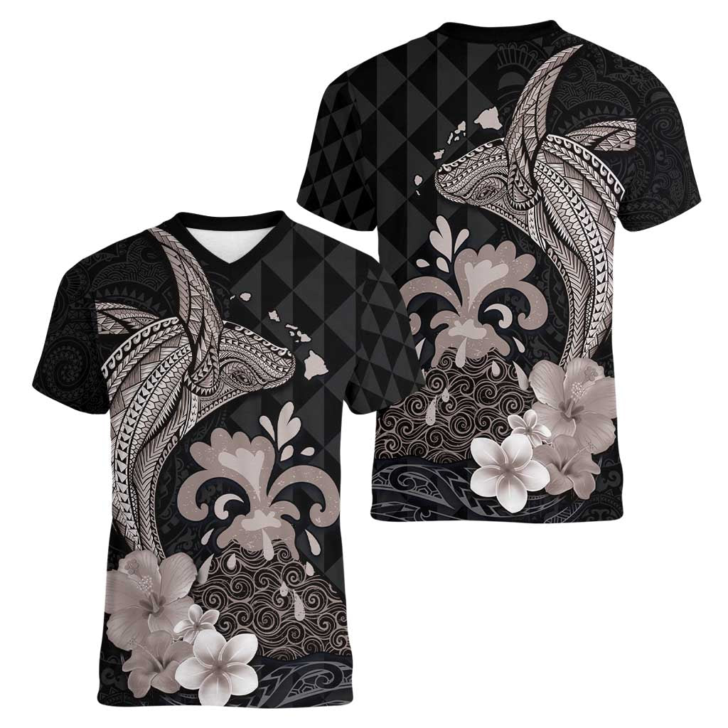Hawaiian Whale and Volcanic Eruption Women V-Neck T-Shirt Hibiscus and Kakau Pattern Grayscale Color LT03 - Polynesian Pride