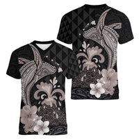 Hawaiian Whale and Volcanic Eruption Women V-Neck T-Shirt Hibiscus and Kakau Pattern Grayscale Color LT03 - Polynesian Pride