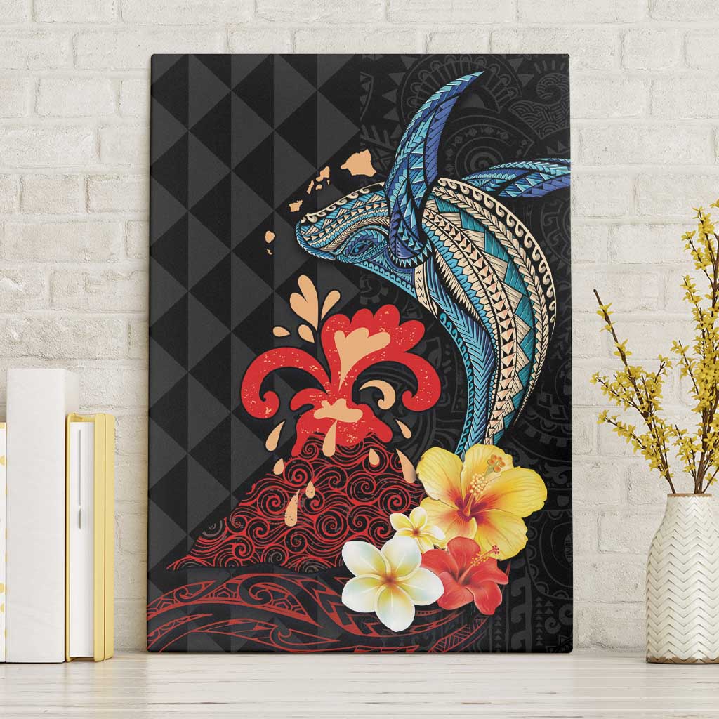 Hawaiian Whale and Volcanic Eruption Canvas Wall Art Hibiscus and Kakau Pattern LT03 Without Frame Black - Polynesian Pride