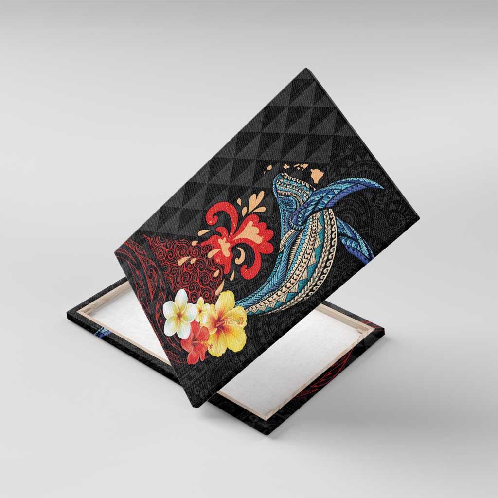 Hawaiian Whale and Volcanic Eruption Canvas Wall Art Hibiscus and Kakau Pattern LT03 With Frame Black - Polynesian Pride