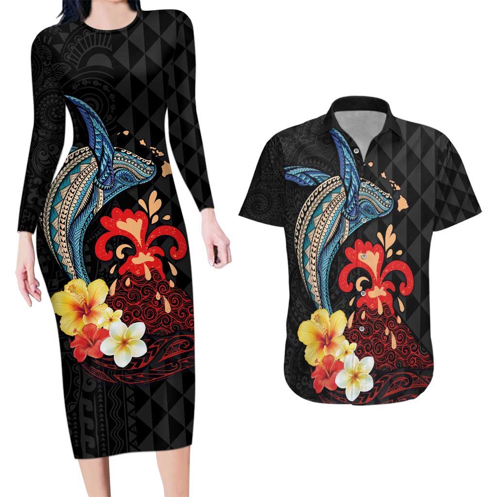 Hawaiian Whale and Volcanic Eruption Couples Matching Long Sleeve Bodycon Dress and Hawaiian Shirt Hibiscus and Kakau Pattern LT03 Black - Polynesian Pride