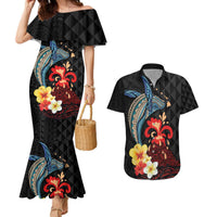Hawaiian Whale and Volcanic Eruption Couples Matching Mermaid Dress and Hawaiian Shirt Hibiscus and Kakau Pattern LT03 Black - Polynesian Pride