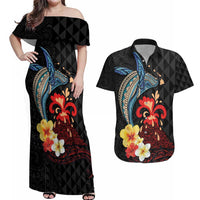 Hawaiian Whale and Volcanic Eruption Couples Matching Off Shoulder Maxi Dress and Hawaiian Shirt Hibiscus and Kakau Pattern LT03 Black - Polynesian Pride