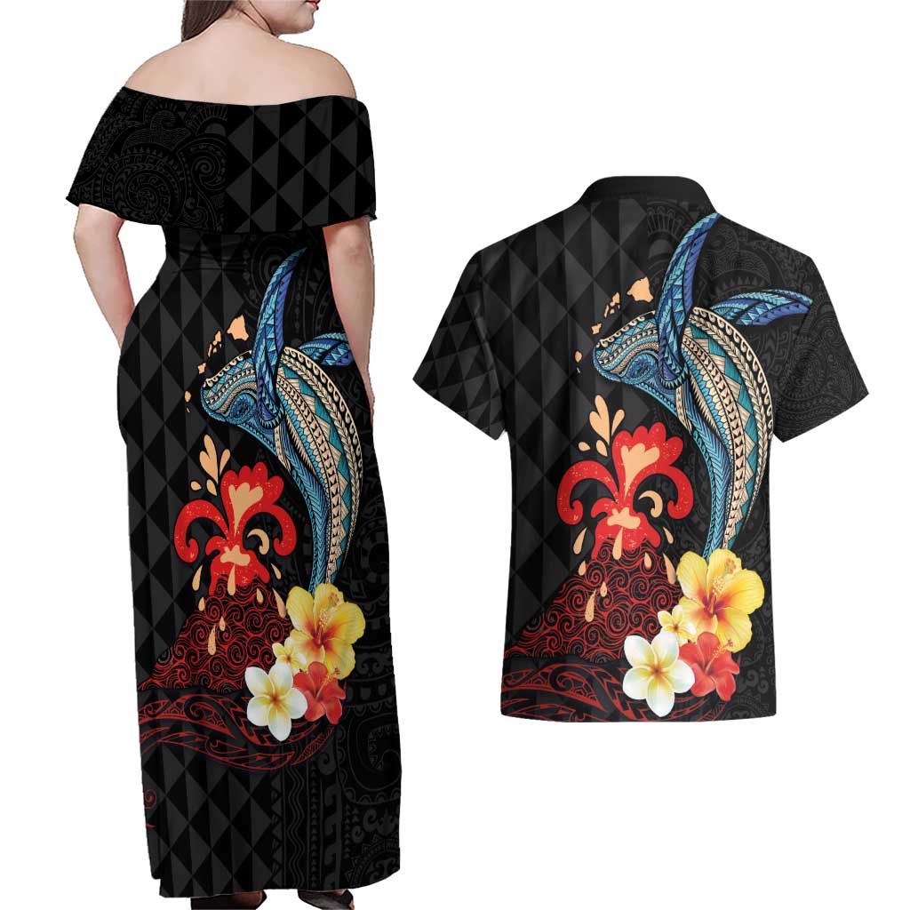 Hawaiian Whale and Volcanic Eruption Couples Matching Off Shoulder Maxi Dress and Hawaiian Shirt Hibiscus and Kakau Pattern LT03 - Polynesian Pride