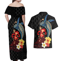 Hawaiian Whale and Volcanic Eruption Couples Matching Off Shoulder Maxi Dress and Hawaiian Shirt Hibiscus and Kakau Pattern LT03 - Polynesian Pride