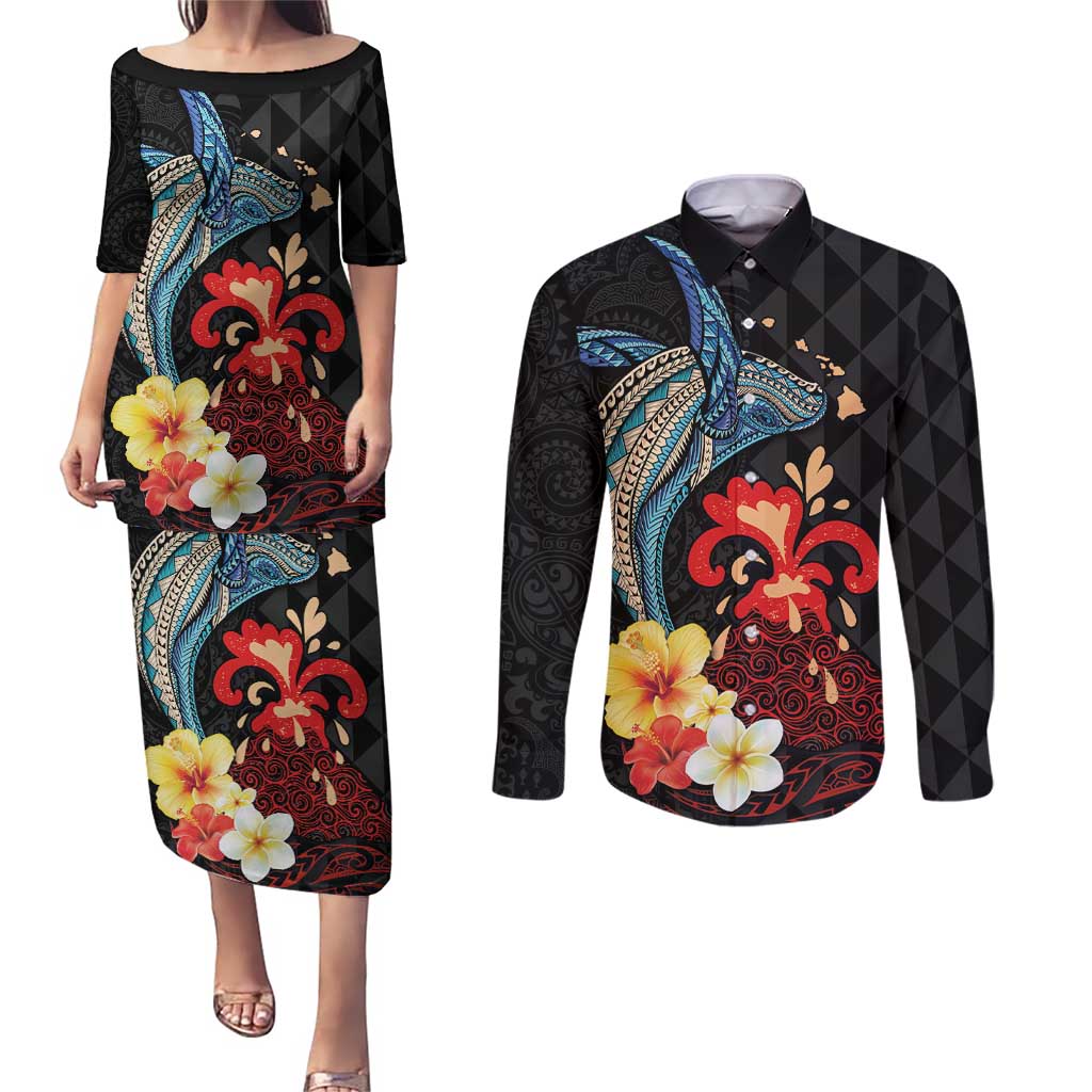 Hawaiian Whale and Volcanic Eruption Couples Matching Puletasi and Long Sleeve Button Shirt Hibiscus and Kakau Pattern